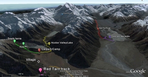 Mt Cook, Hooker Valley and Tasman glacial lake overview